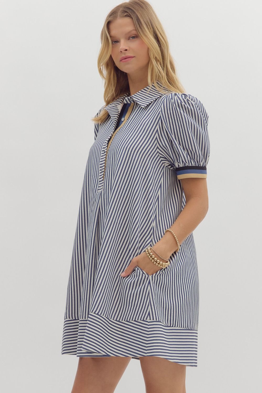 Navy Striped Dress with Puffed Sleeve and Striped Elastic Arm