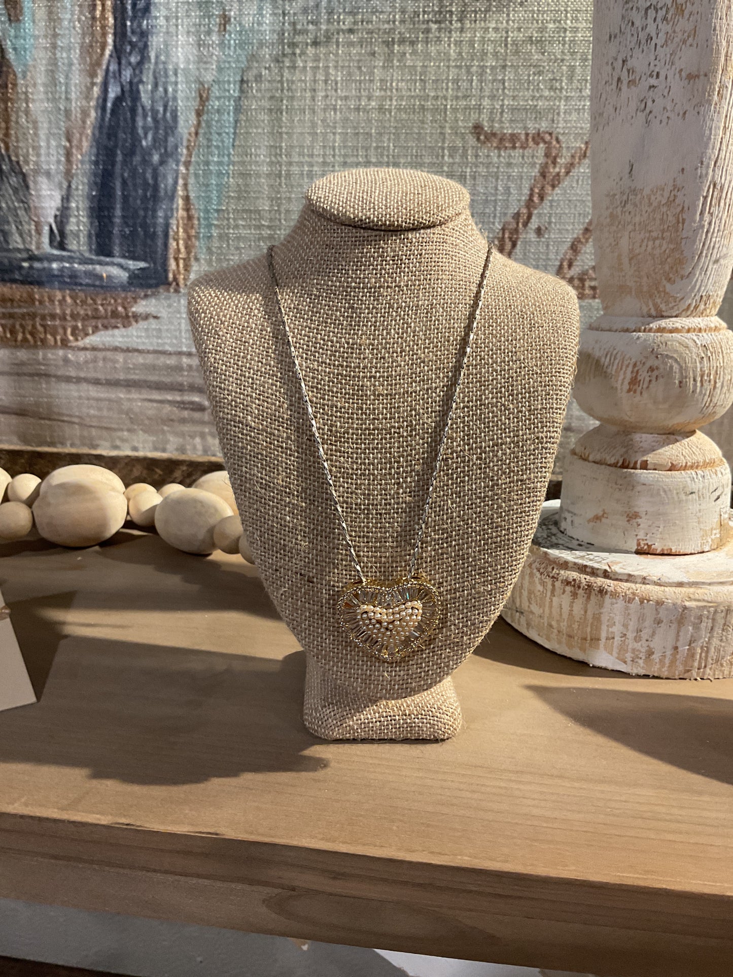 Heart with Pearls and Baguette Necklace