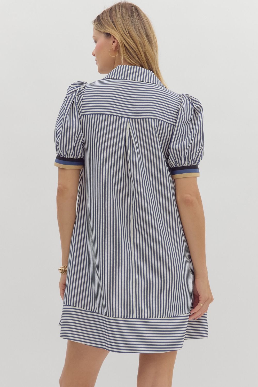 Navy Striped Dress with Puffed Sleeve and Striped Elastic Arm