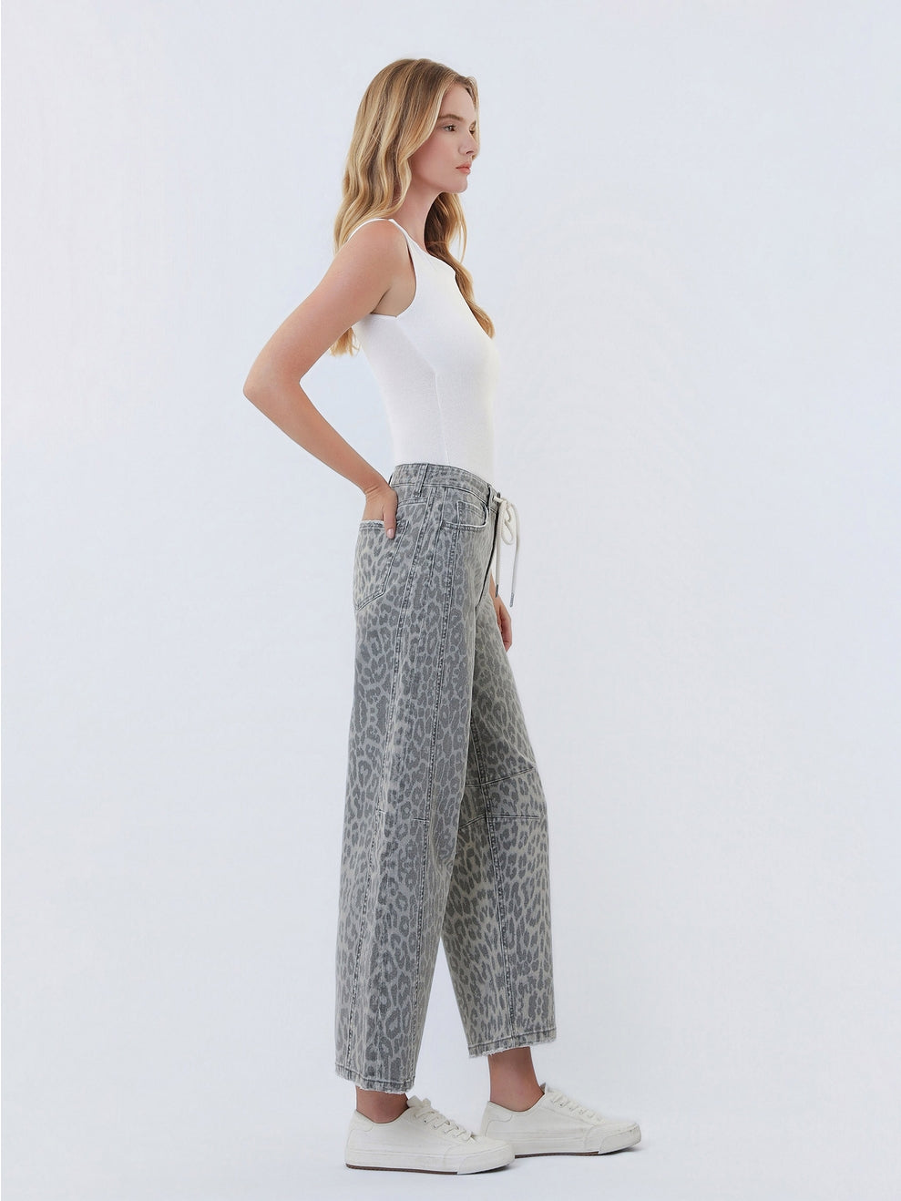 High Rise Drawstring Grey Leopard Barrel Jeans