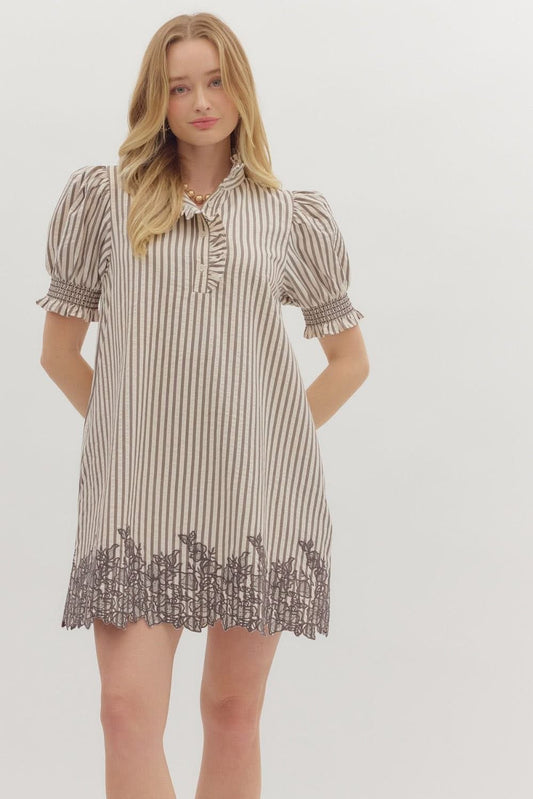 EN28 Cream/Mocha Short Sleeve Emb Dress