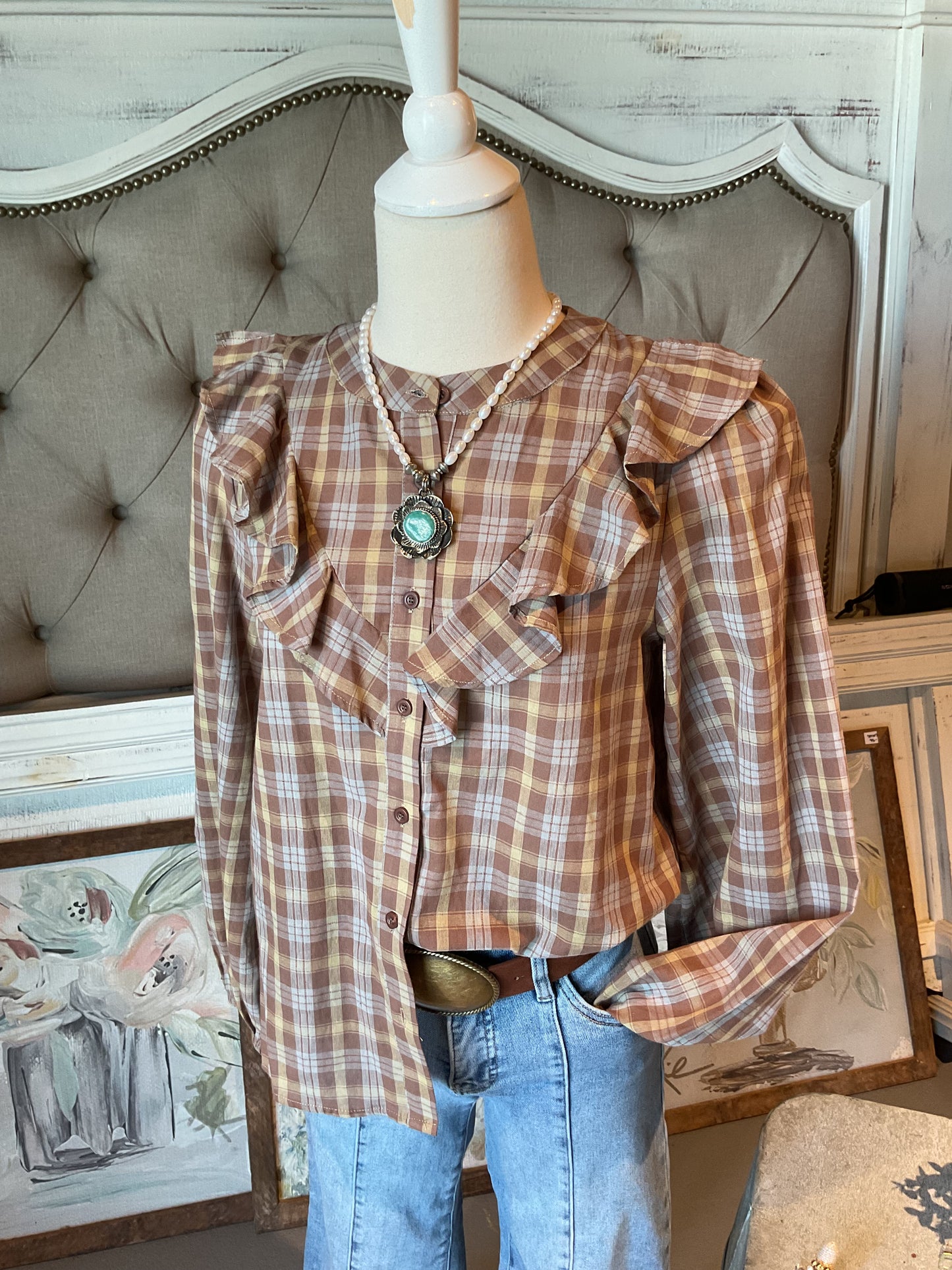 WL17 Mocha/Taupe Ruffled Plaid Button-Up Top