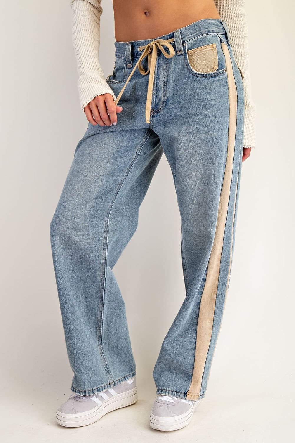 EE24 Denim Mineral Washed Drawstring Pants with Tan Side Strip
