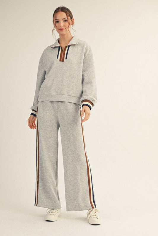Grey Sweat Suit With Striped Trim Set