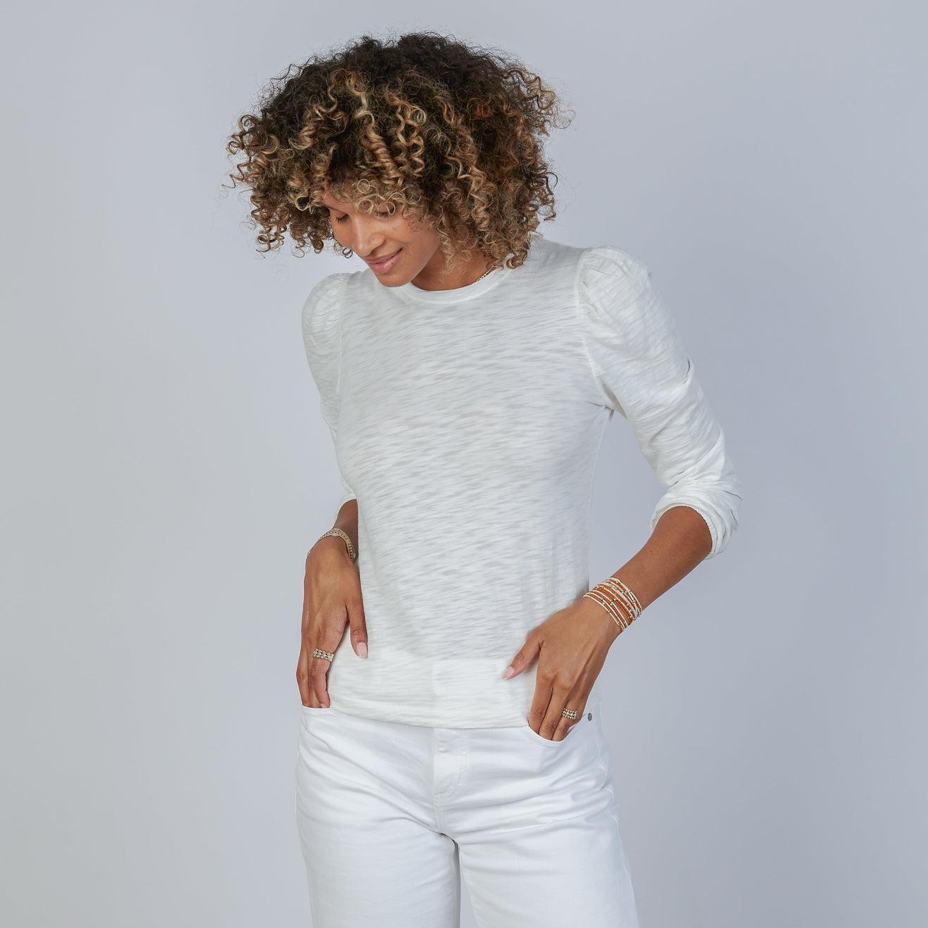 Ivory Subtle Puff Long Sleeve Tee w/Elastic Cuff