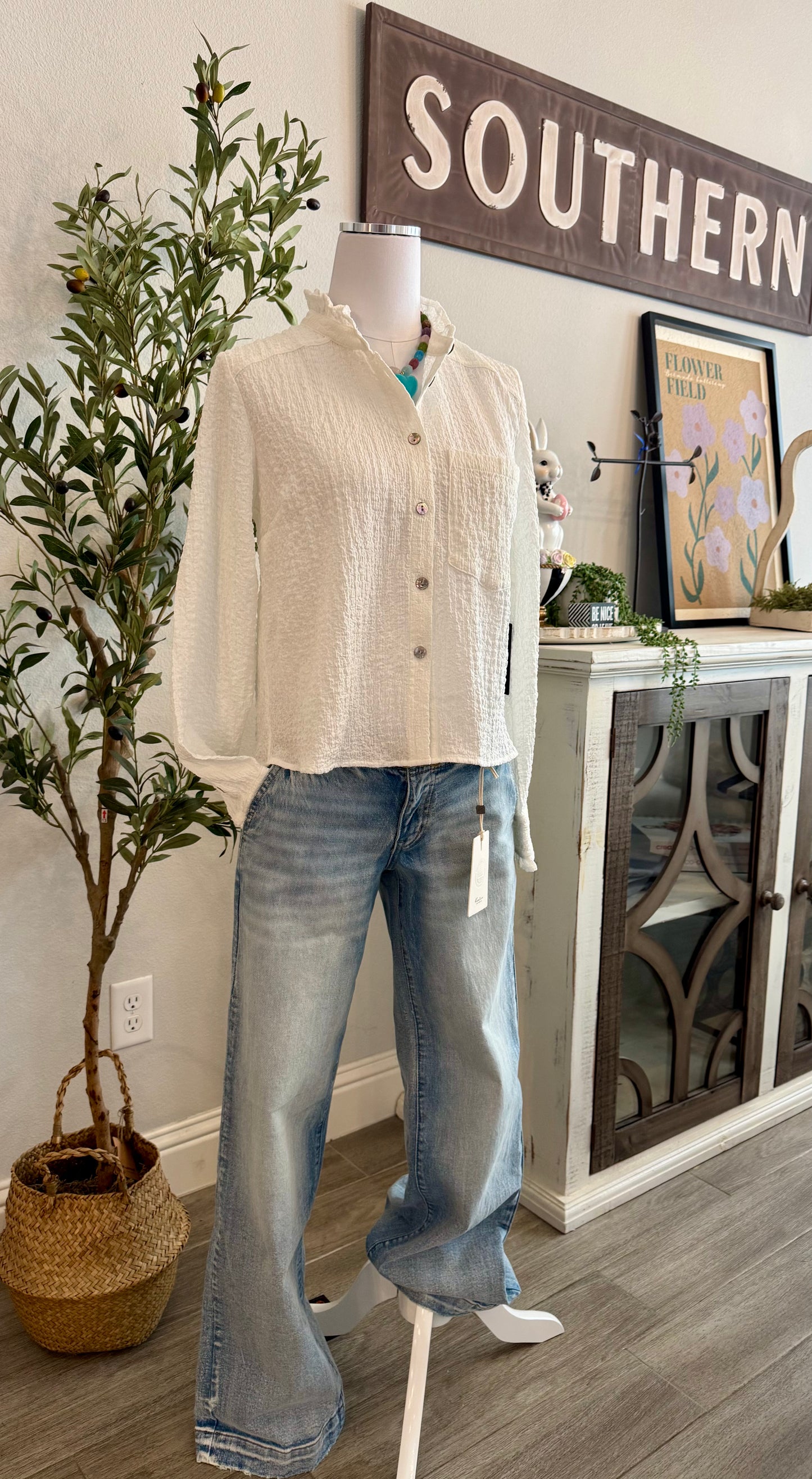 White Textured Button Down Shirt