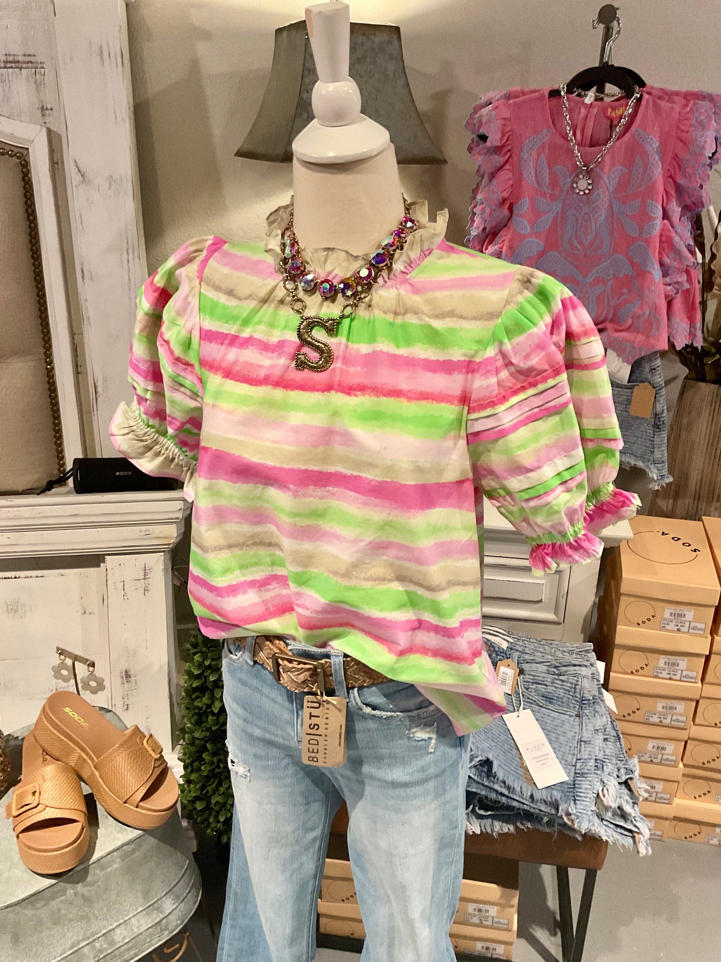 Pink Green and Cream Ruffle-neck Top