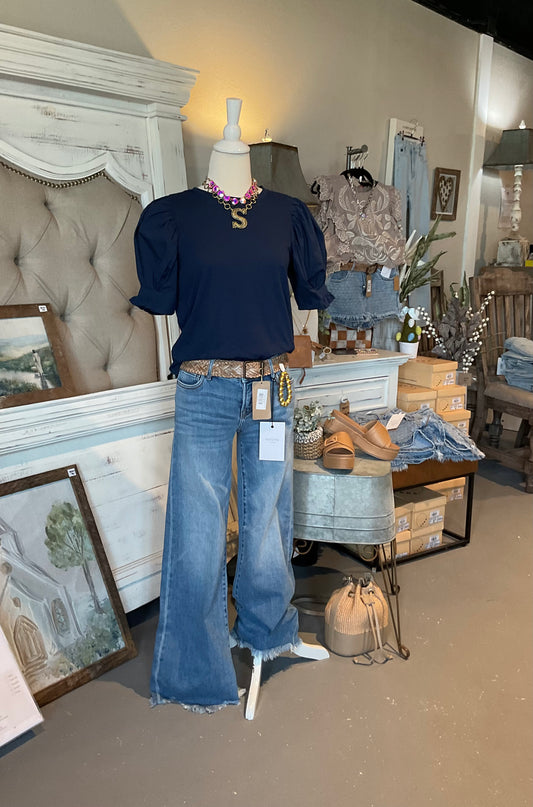 Dear John Mixed Media Puff Sleeve Top in Navy