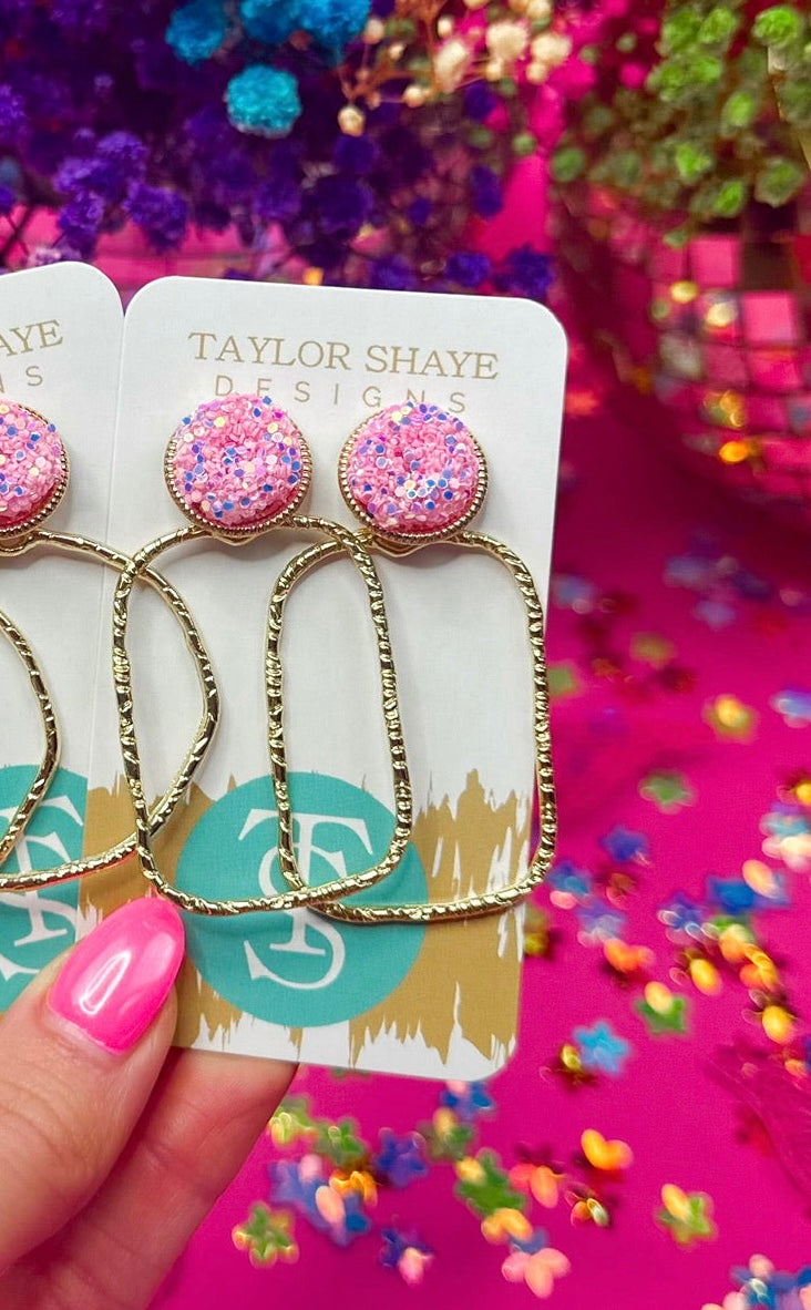 Rectangle Glitter Top Hoops in Baby Pink