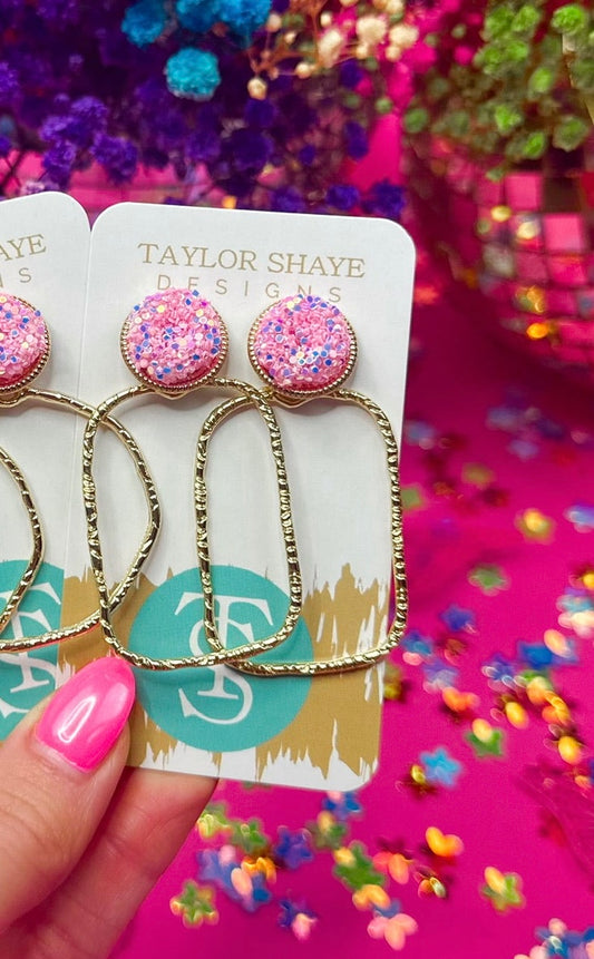 Rectangle Glitter Top Hoops in Baby Pink