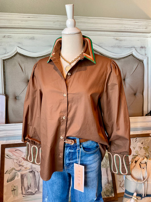 Brown Multi Trim Button down Top