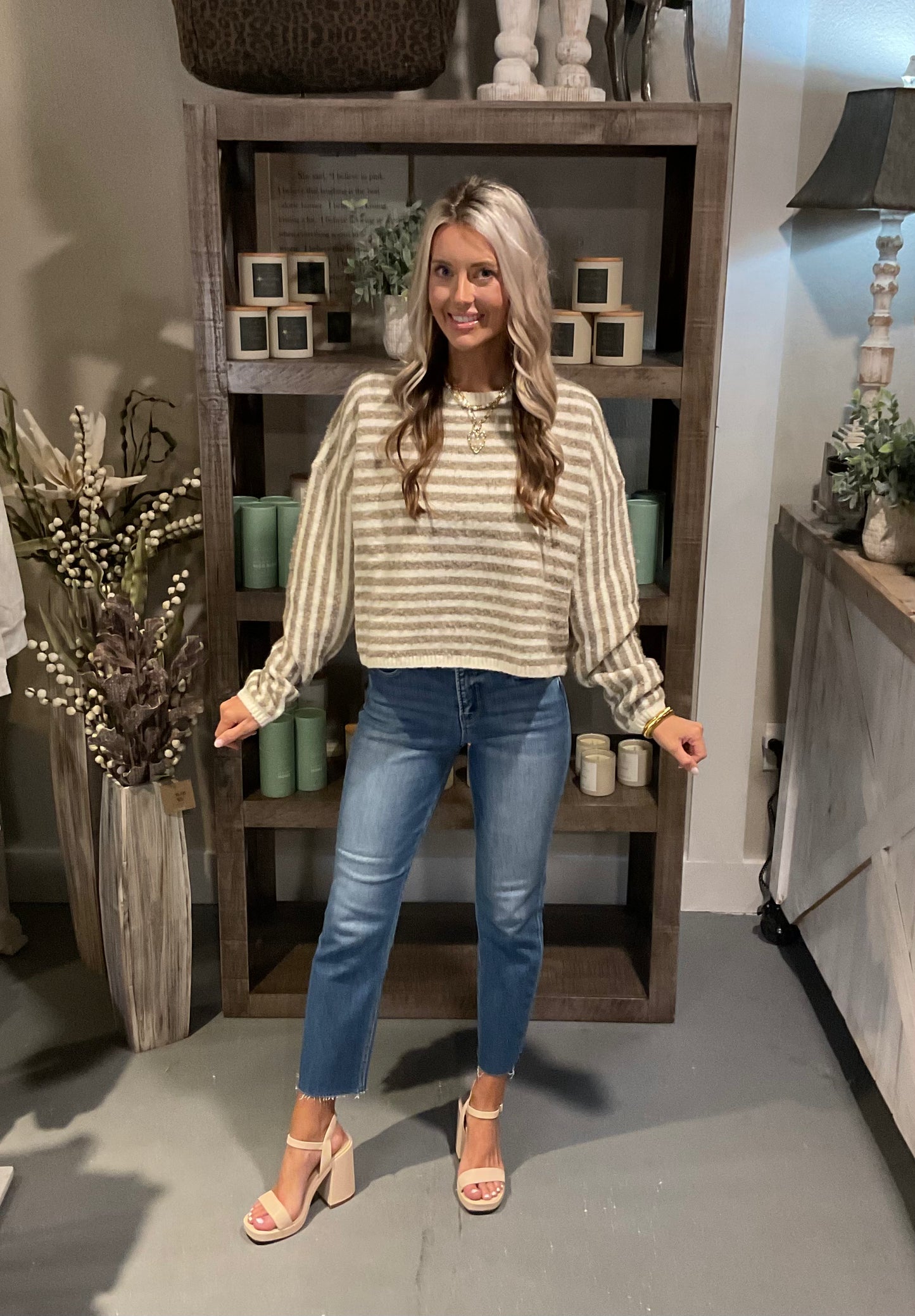 Khaki Striped Loose Slightly Cropped Sweater