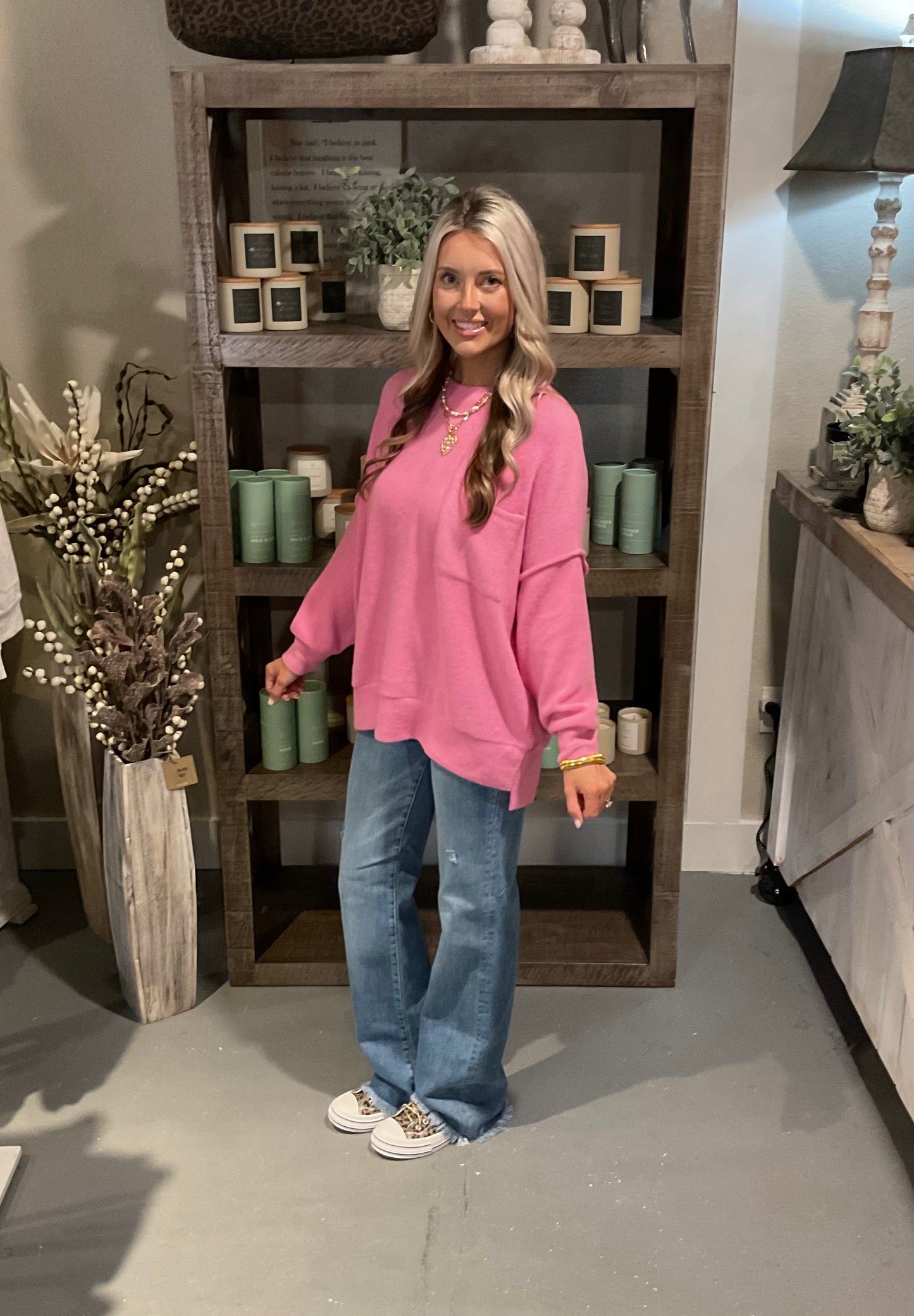 Brushed Melange Drop Shoulder Over Sized Sweater in Candy Pink