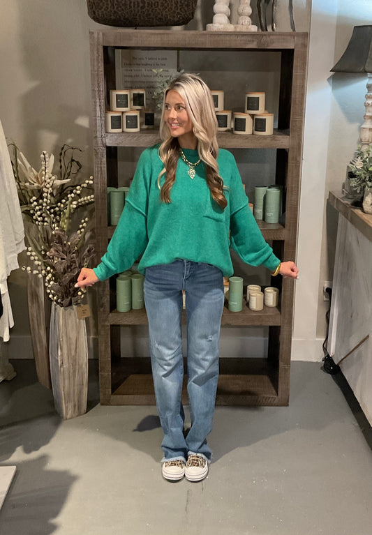 Brushed Melange Drop Shoulder Over Sized Sweater in Forest Green