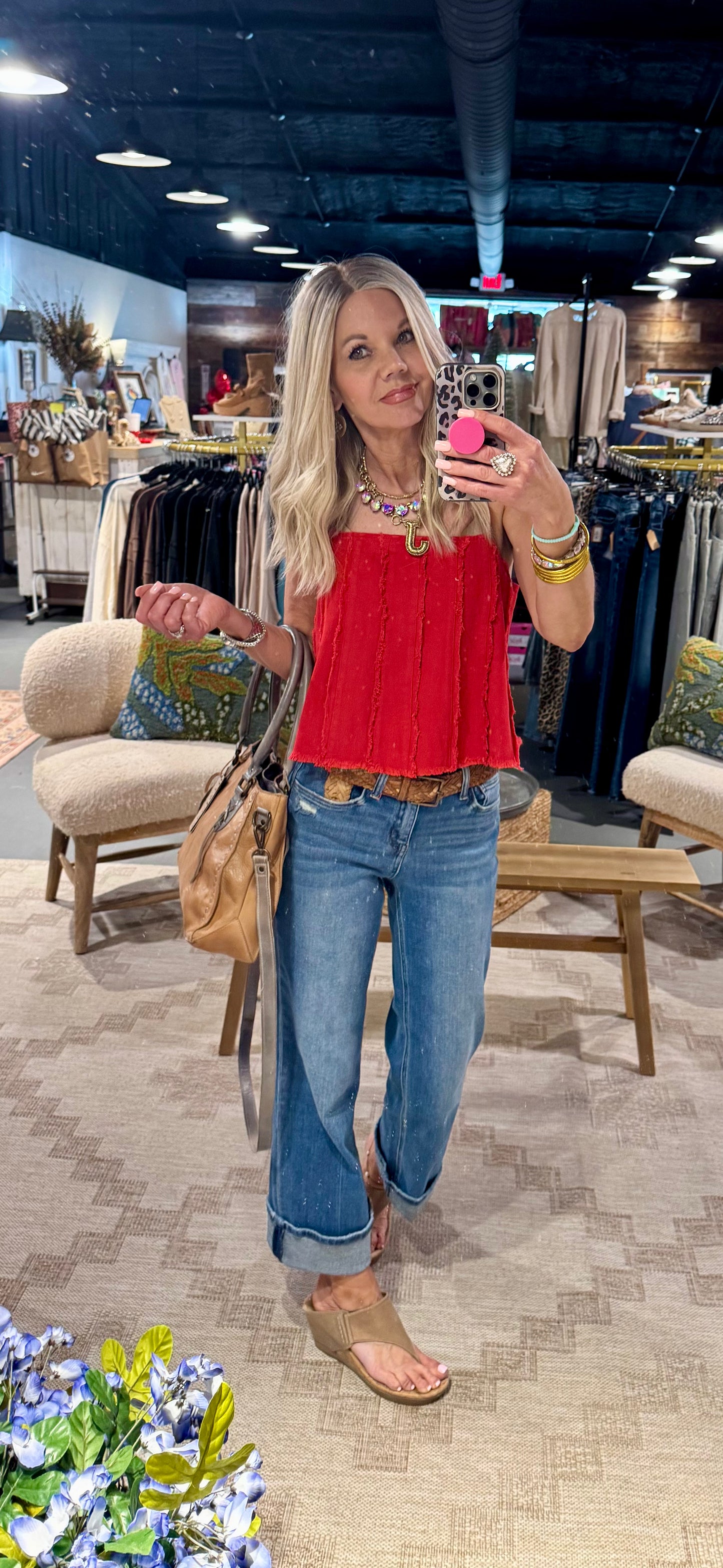 Red Denim Cami Top with Exposed Raw Edge Seams