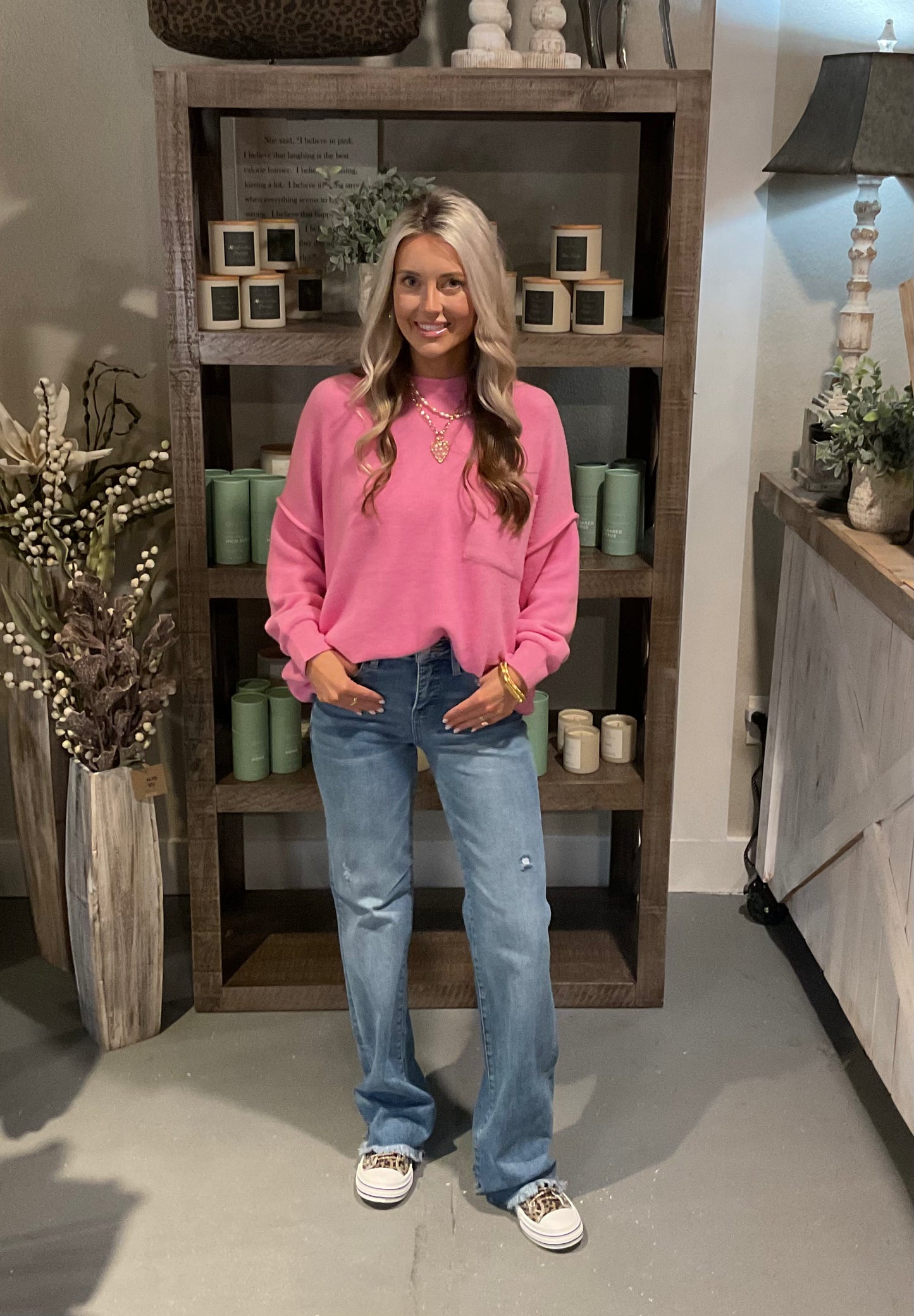 Brushed Melange Drop Shoulder Over Sized Sweater in Candy Pink