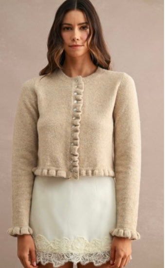 Taupe Ruffle Trim Cropped Cardigan