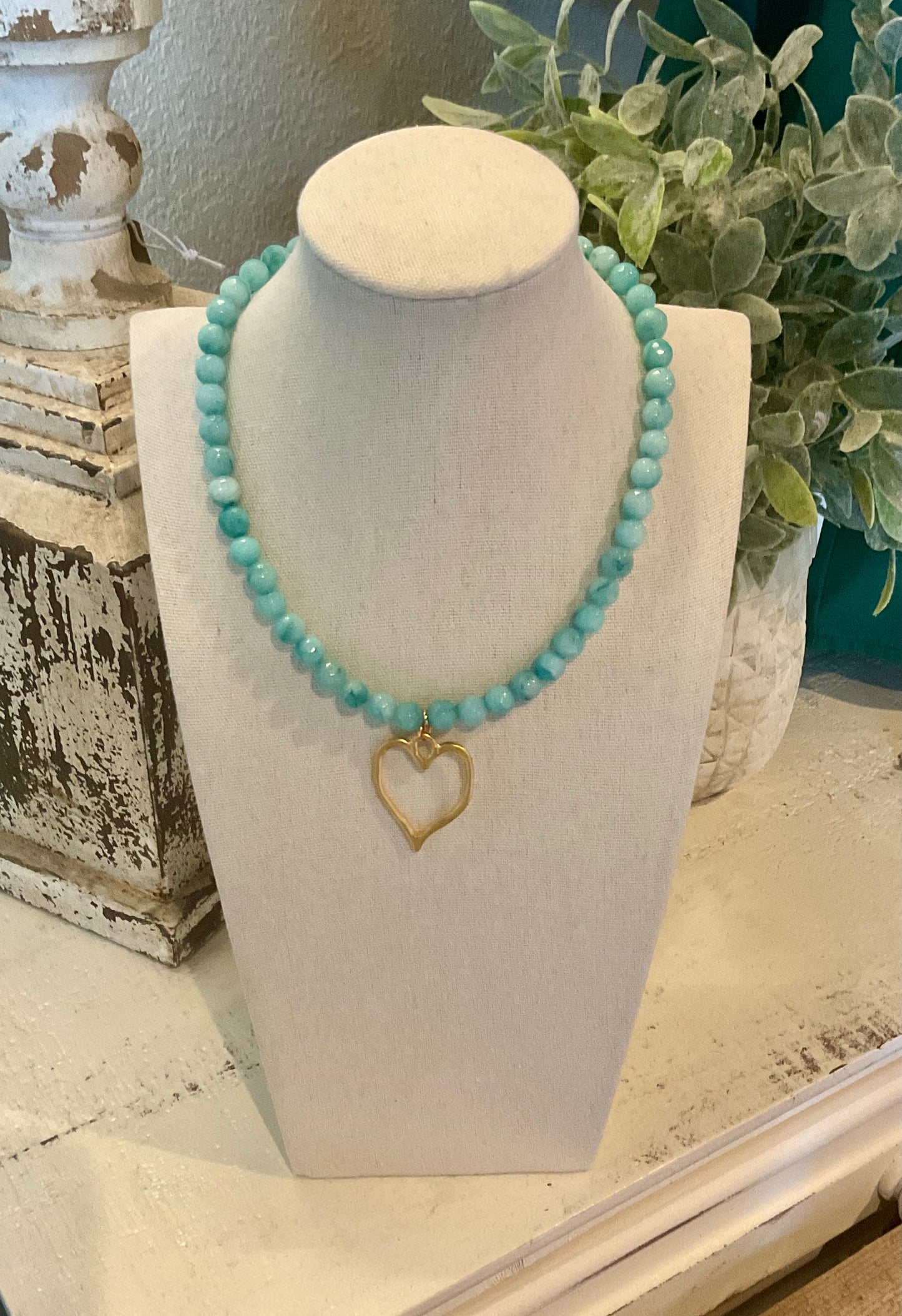 Aqua Jade 8mm Gemstone Necklace with Heart