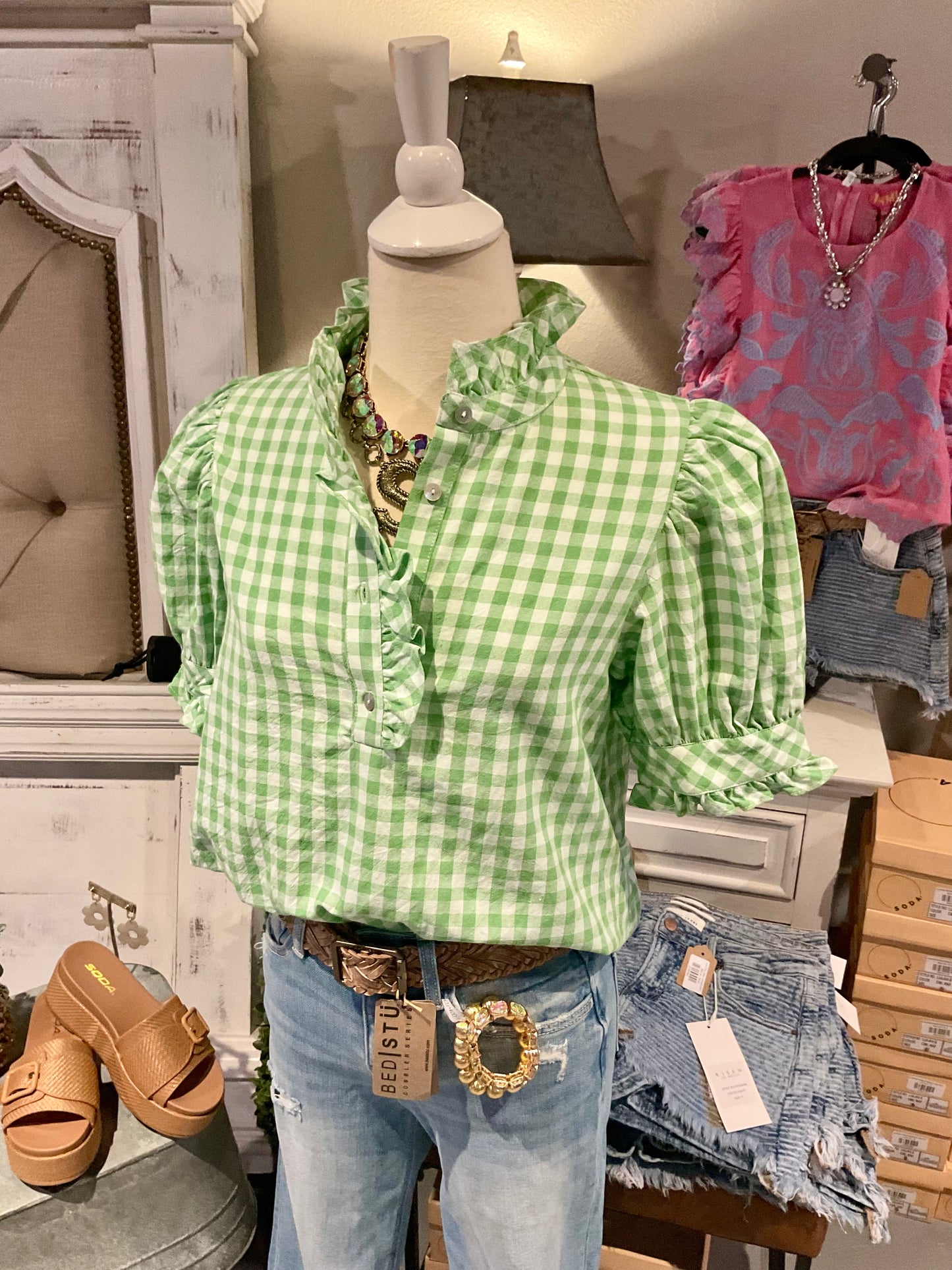 Green Gingham Short Puff Sleeved Top