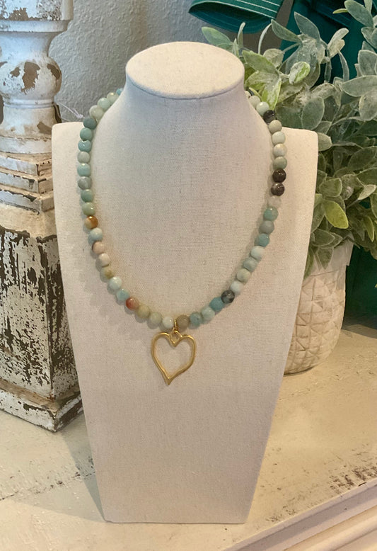 Marbled 8mm Gemstone Necklace with Gold Heart