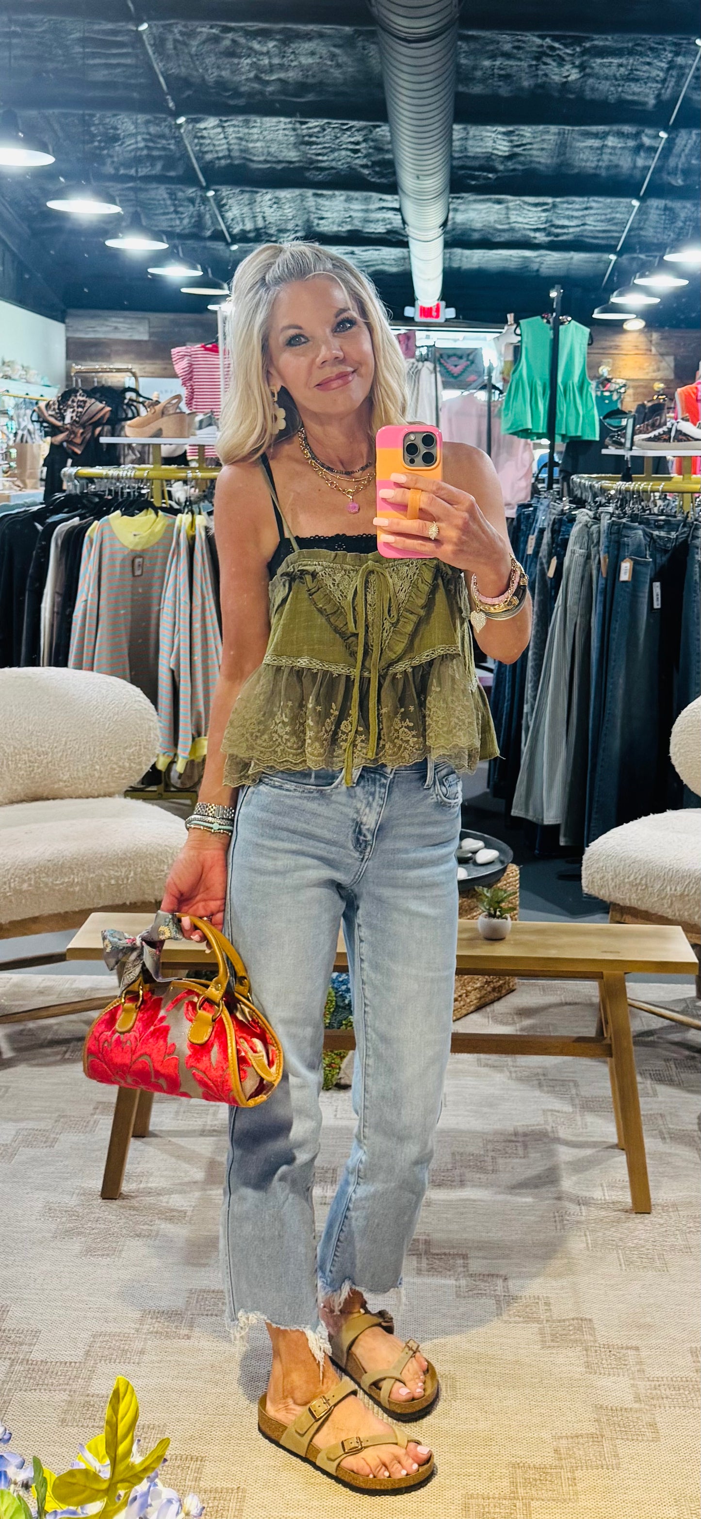 Moss Green Gauze Adjustable Strap Lace Trim Tank Top