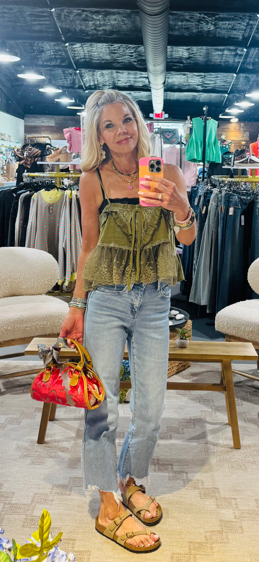 Moss Green Gauze Adjustable Strap Lace Trim Tank Top