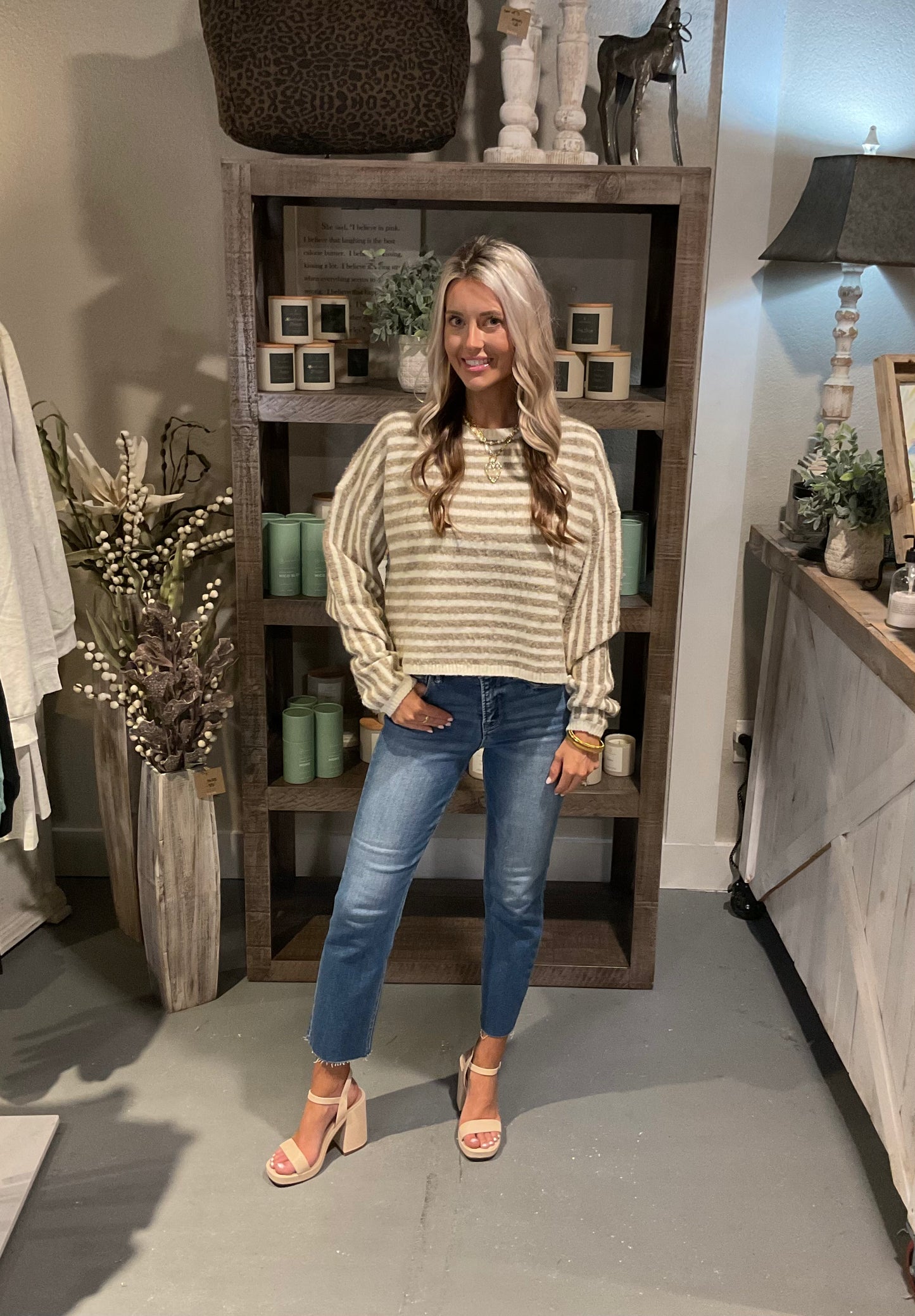 Khaki Striped Loose Slightly Cropped Sweater