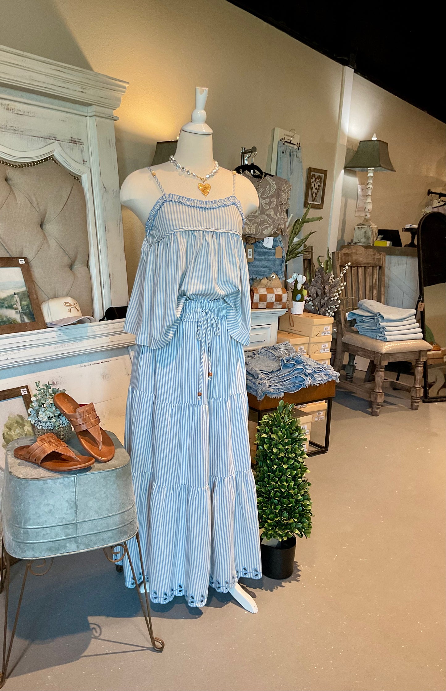 Blue Seersucker Cami Top with Adjustable Straps