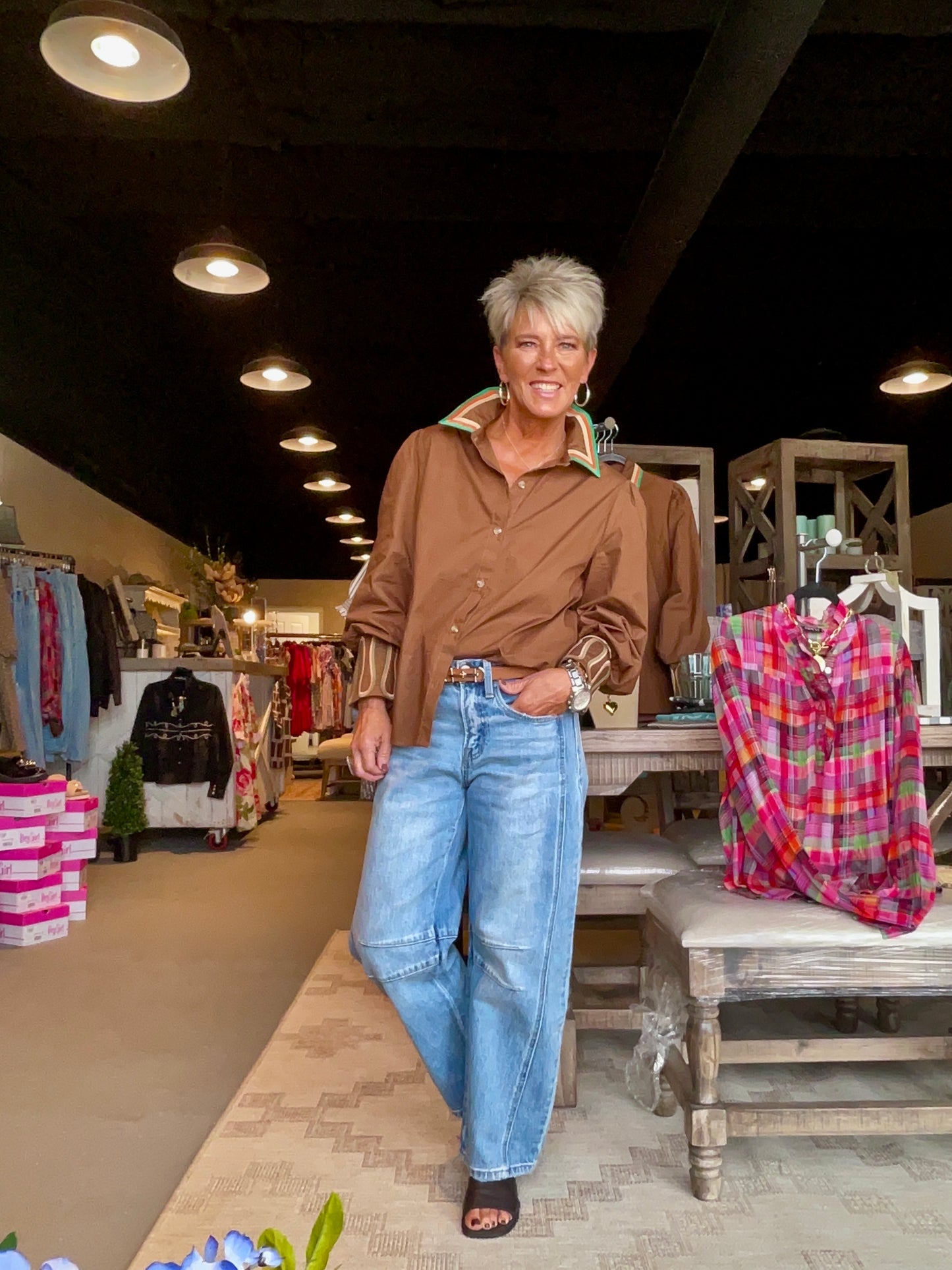 Brown Multi Trim Button down Top