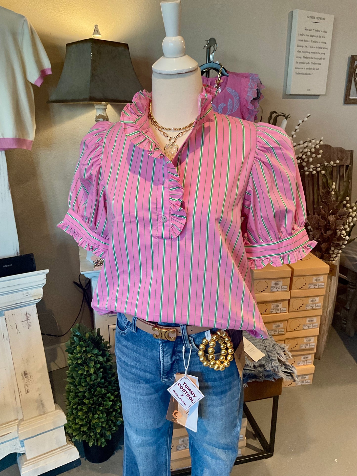 Pink/Green Striped Puff Sleeve Top