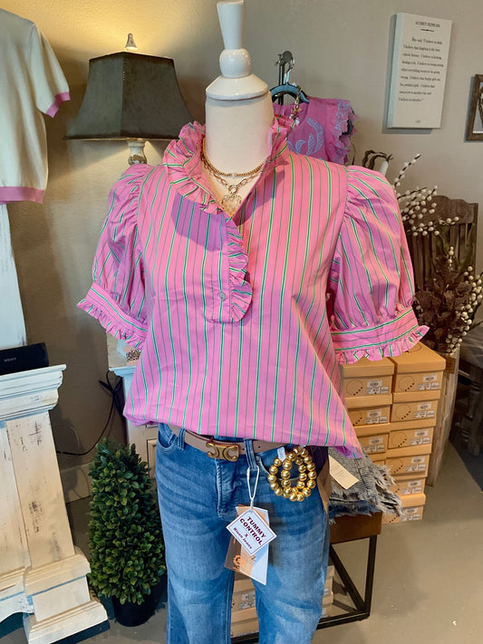 Pink/Green Striped Puff Sleeve Top