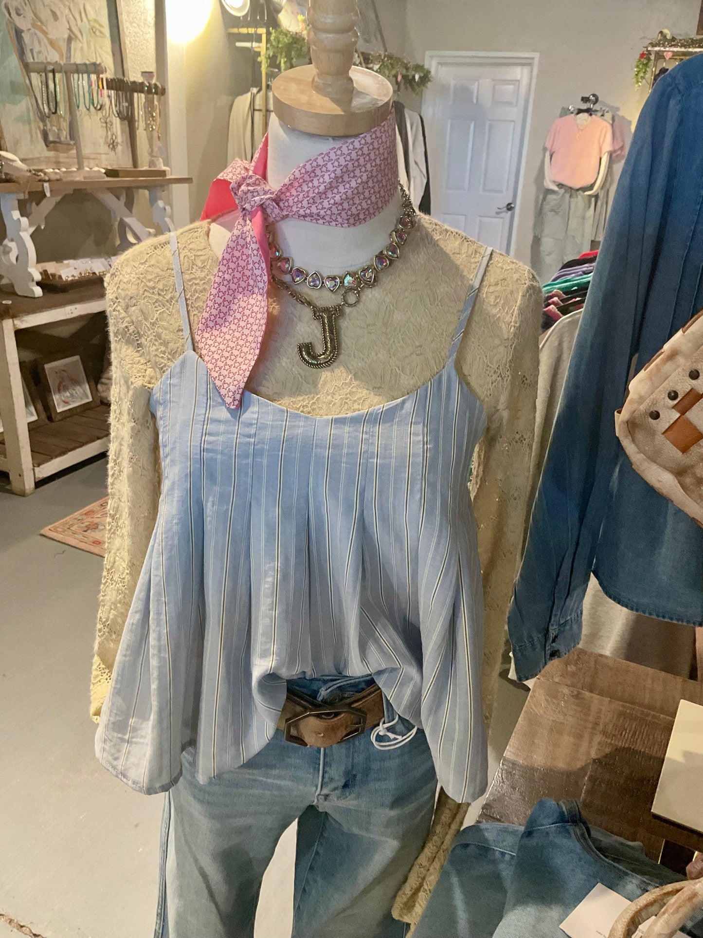 Blue Striped Pleated Top