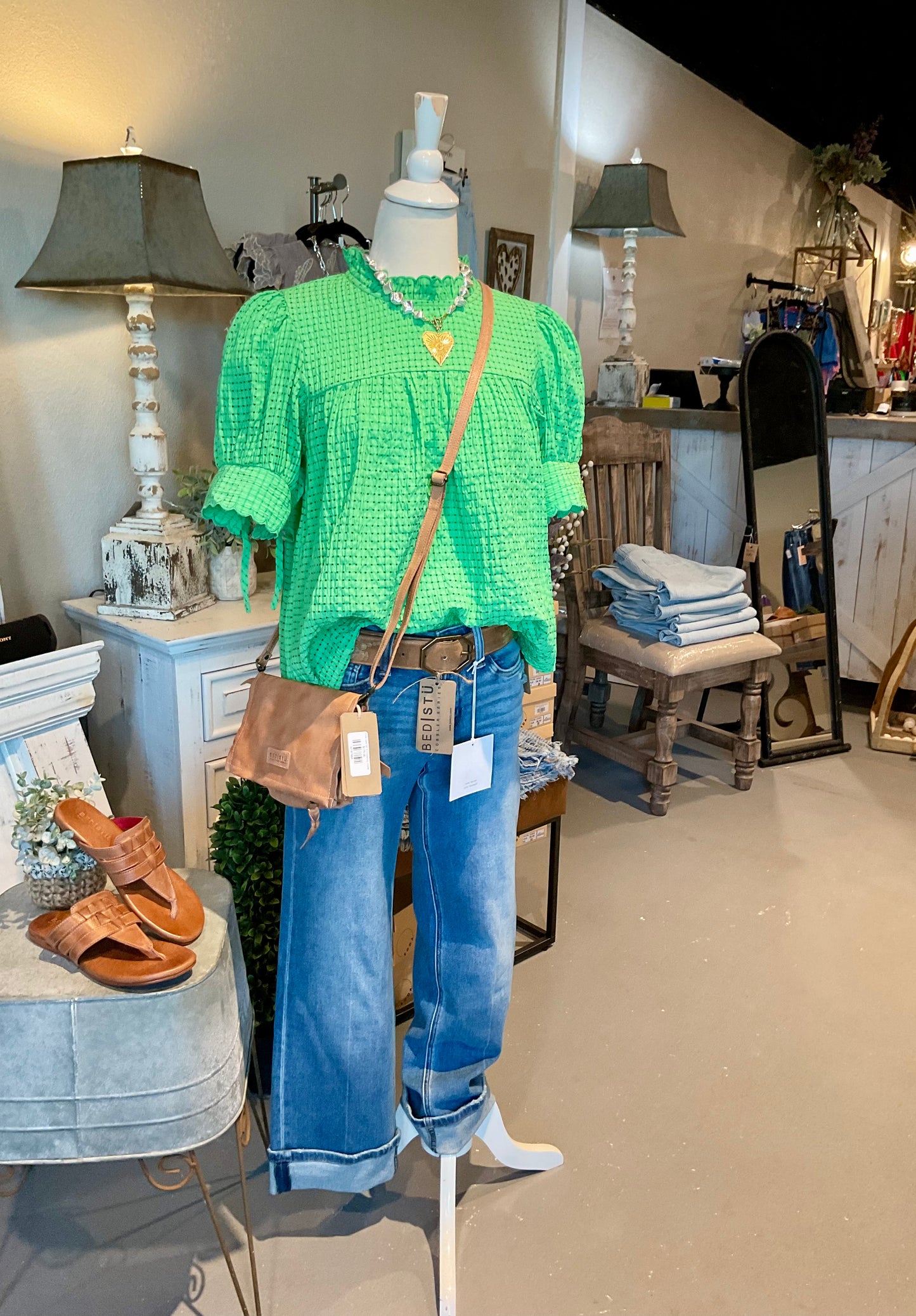 Green Seersucker Top with Tie Sleeve Detail