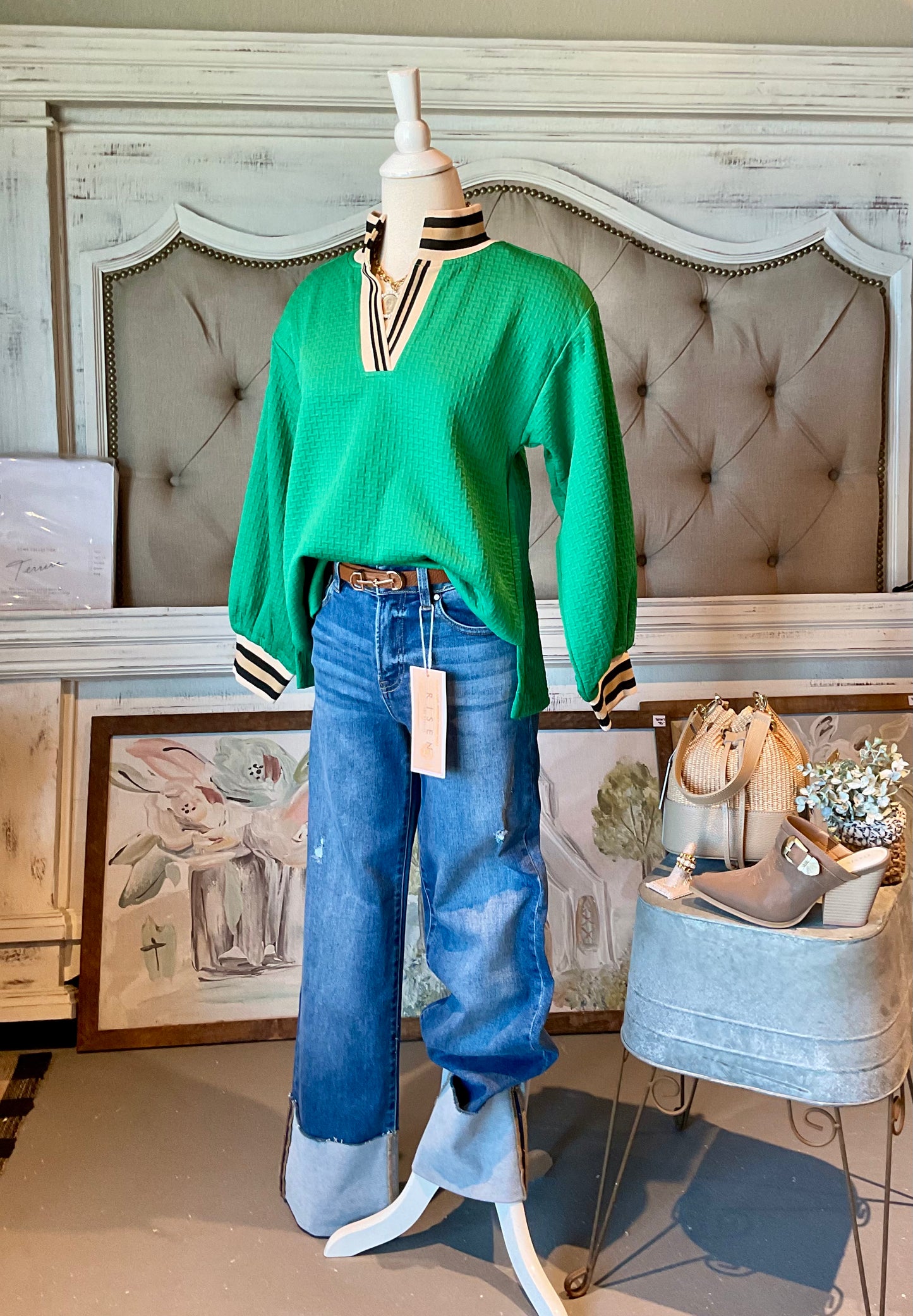 Kelly Green Color Rib Band Accent Textured Top