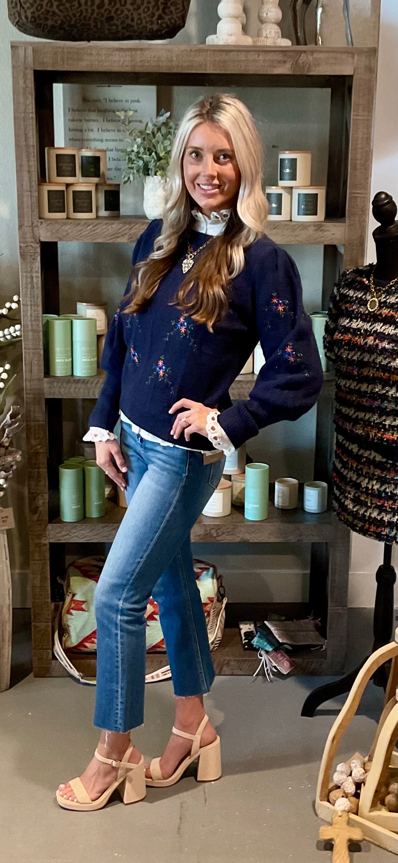 Navy Floral Embroidered Sweater