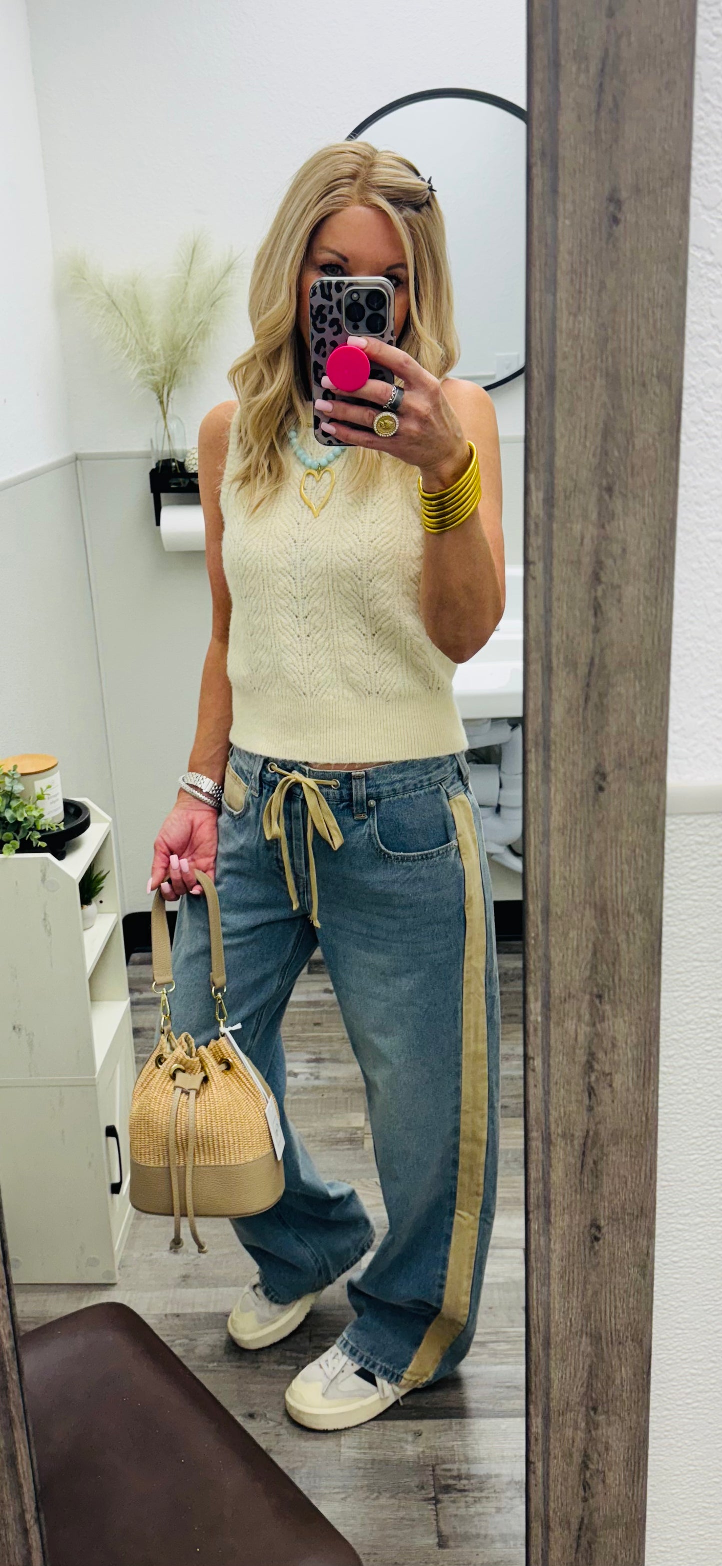 EE24 Denim Mineral Washed Drawstring Pants with Tan Side Strip