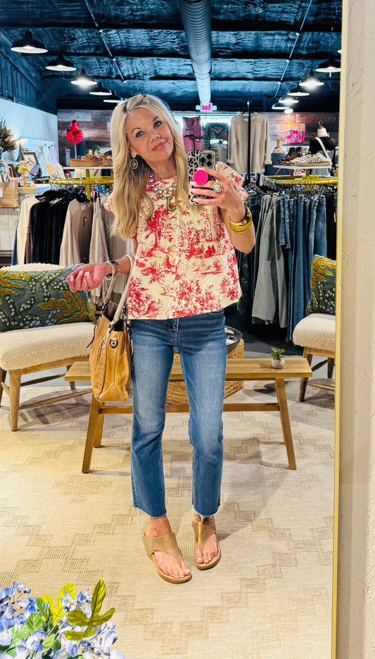 Toile Print Gathered Front Yoke Round Neck Top