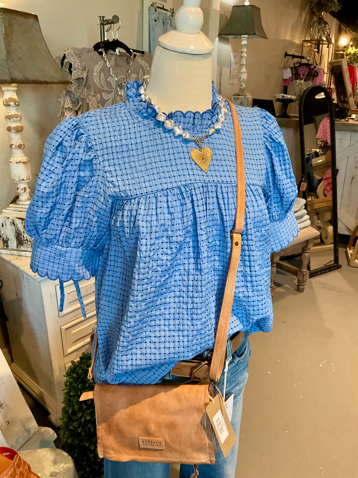 Blue Seersucker Top with Tie Sleeve Detail