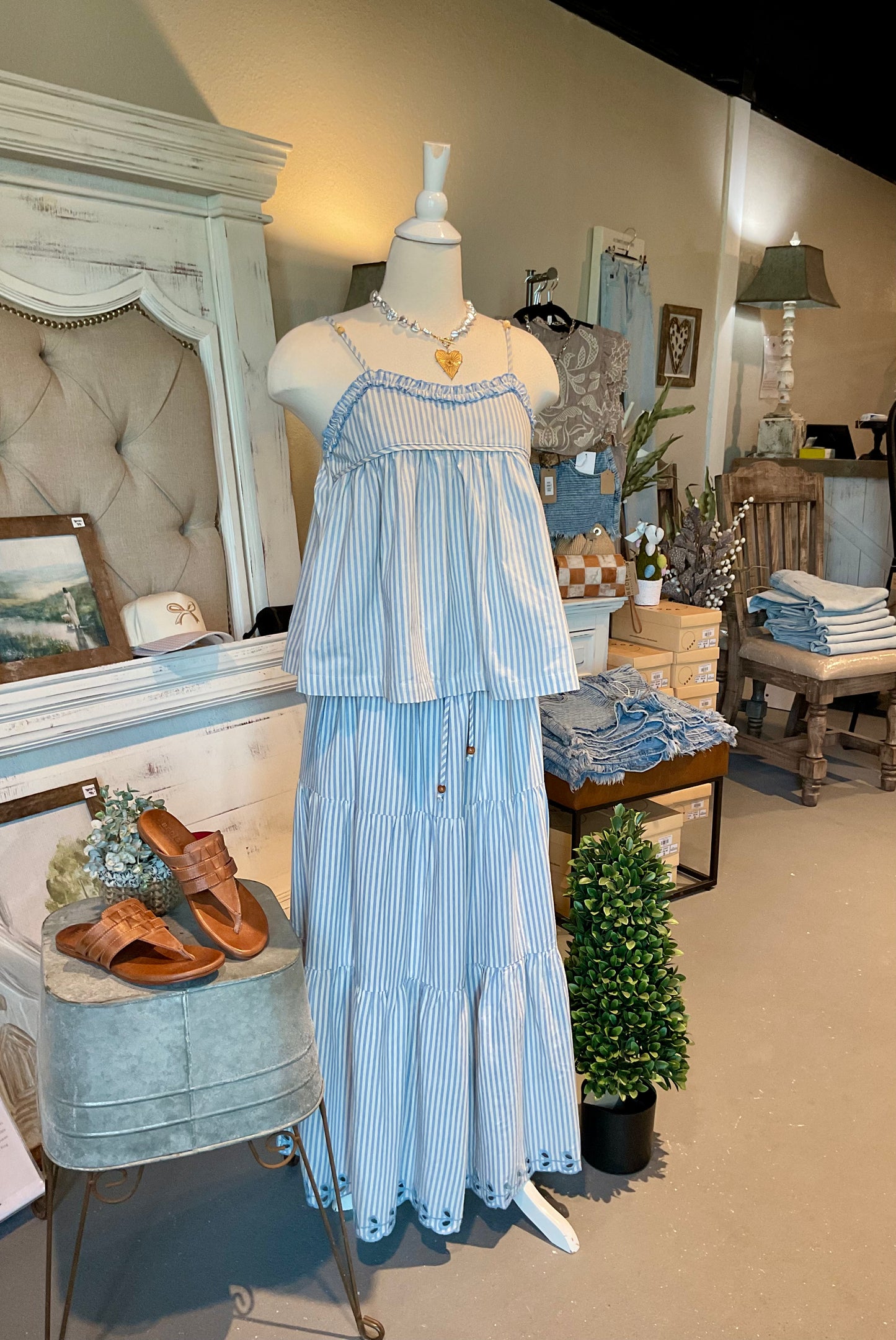 Blue Seersucker Cami Top with Adjustable Straps