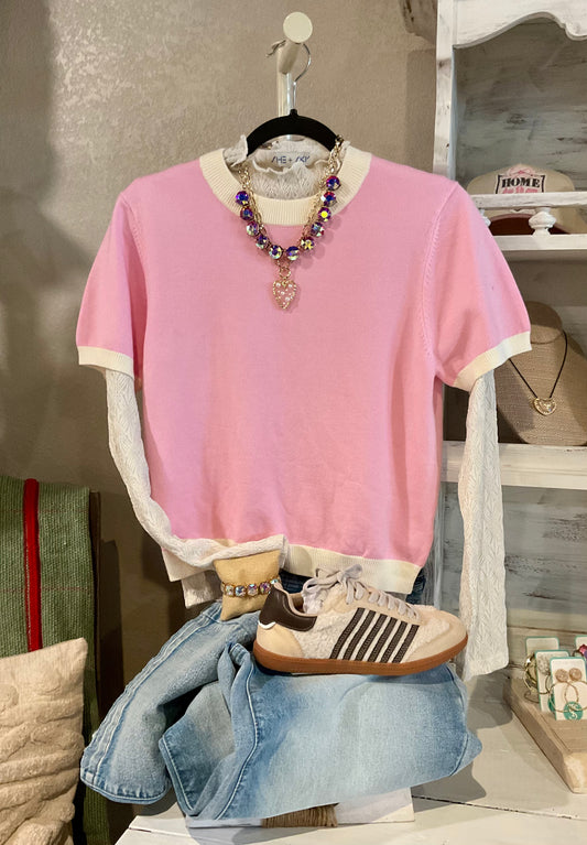 Pink with Beige Trim Short Sleeve Color Block 
Sweater Top