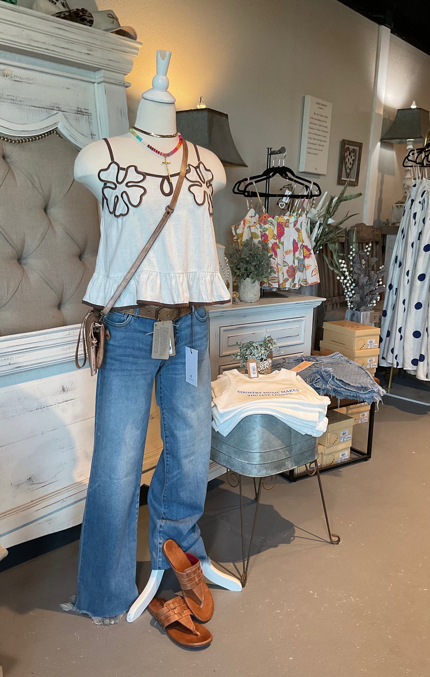 Flower Appliqué Cami Top w/ Adjustable Straps in Oatmeal/Brown
