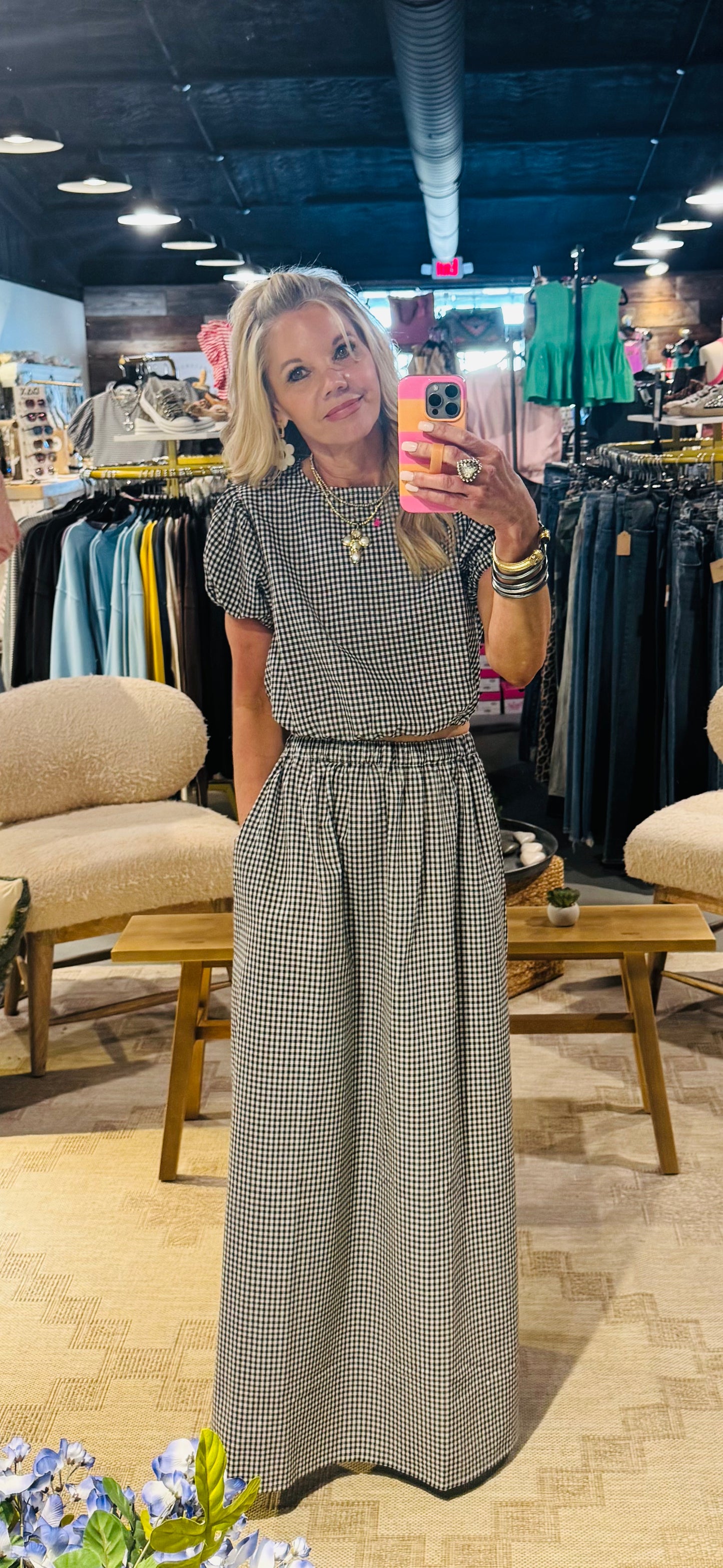 Cropped Gingham Puff Sleeve Top & Maxi Skirt Set