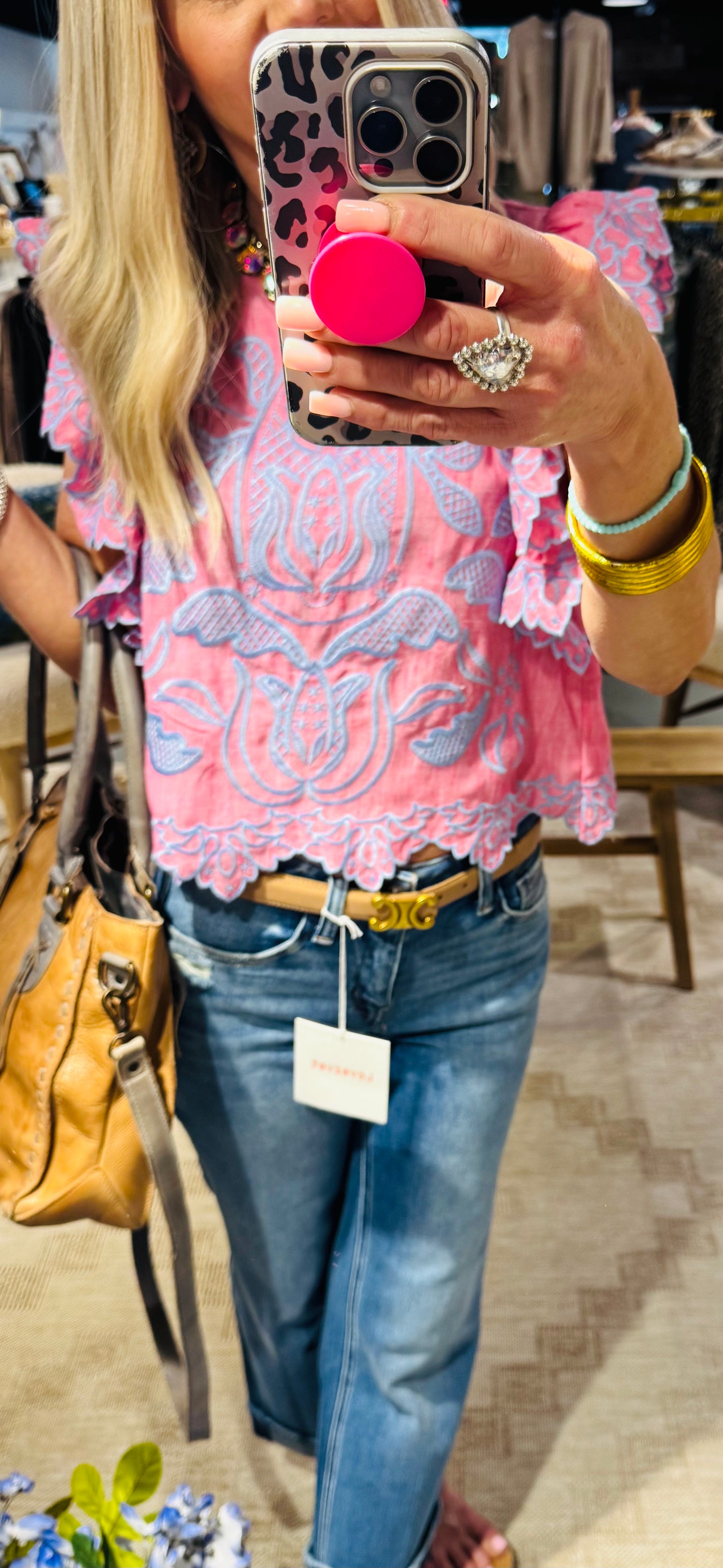 Pink Flutter Sleeve Embroidery Detail Top
