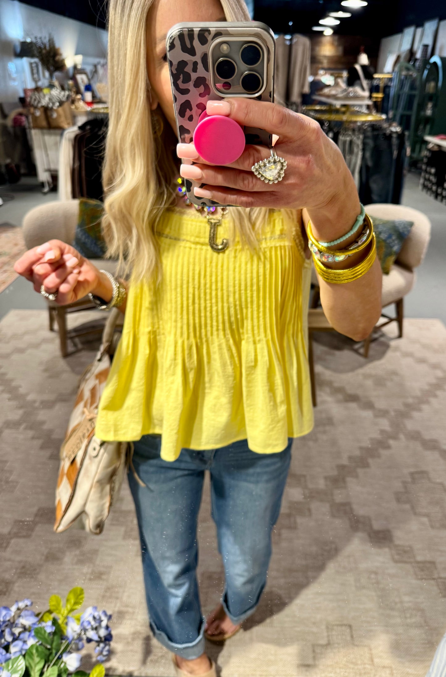 Yellow Sleeveless Pintuck Cami Top w/ Lace Detail