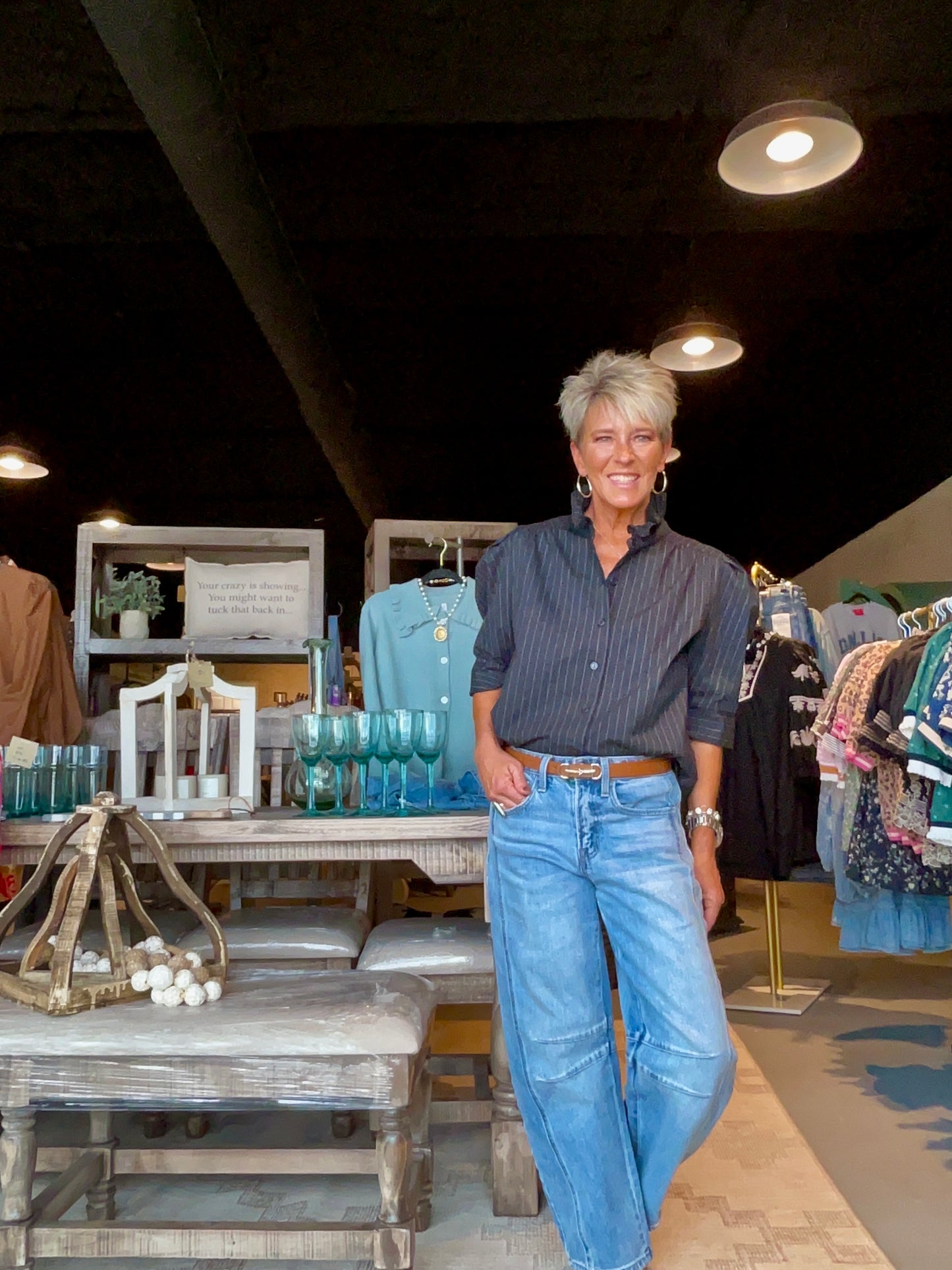 Black Pinstripe Ruffle Collar Puff Sleeve Shirt