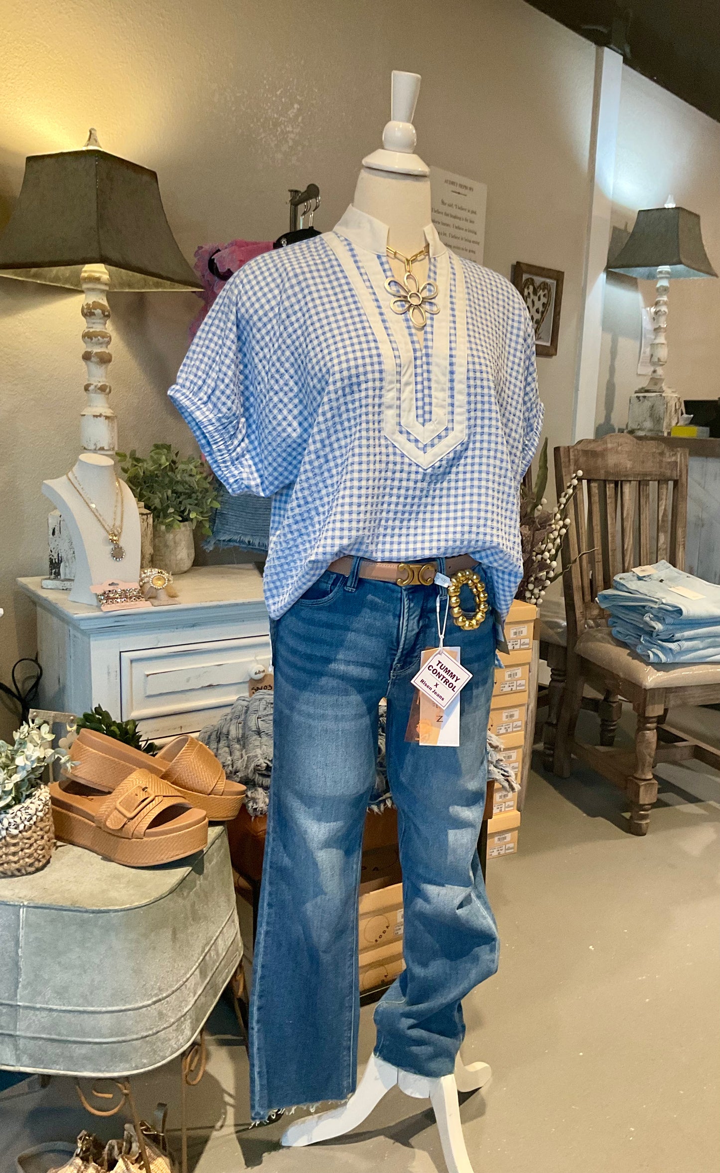 Blue V-neck Gingham Top