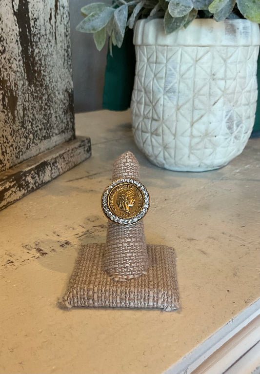 YO06 Small Gold Coin Ring Surrounded by Diamonds