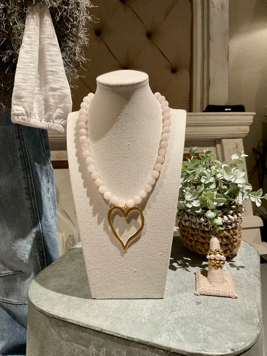 Light Pink Gemstone Necklace with XL Gold Heart