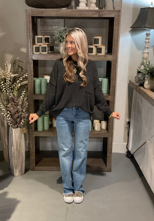 Brushed Melange Drop Shoulder Over Sized Sweater Sweater in Black