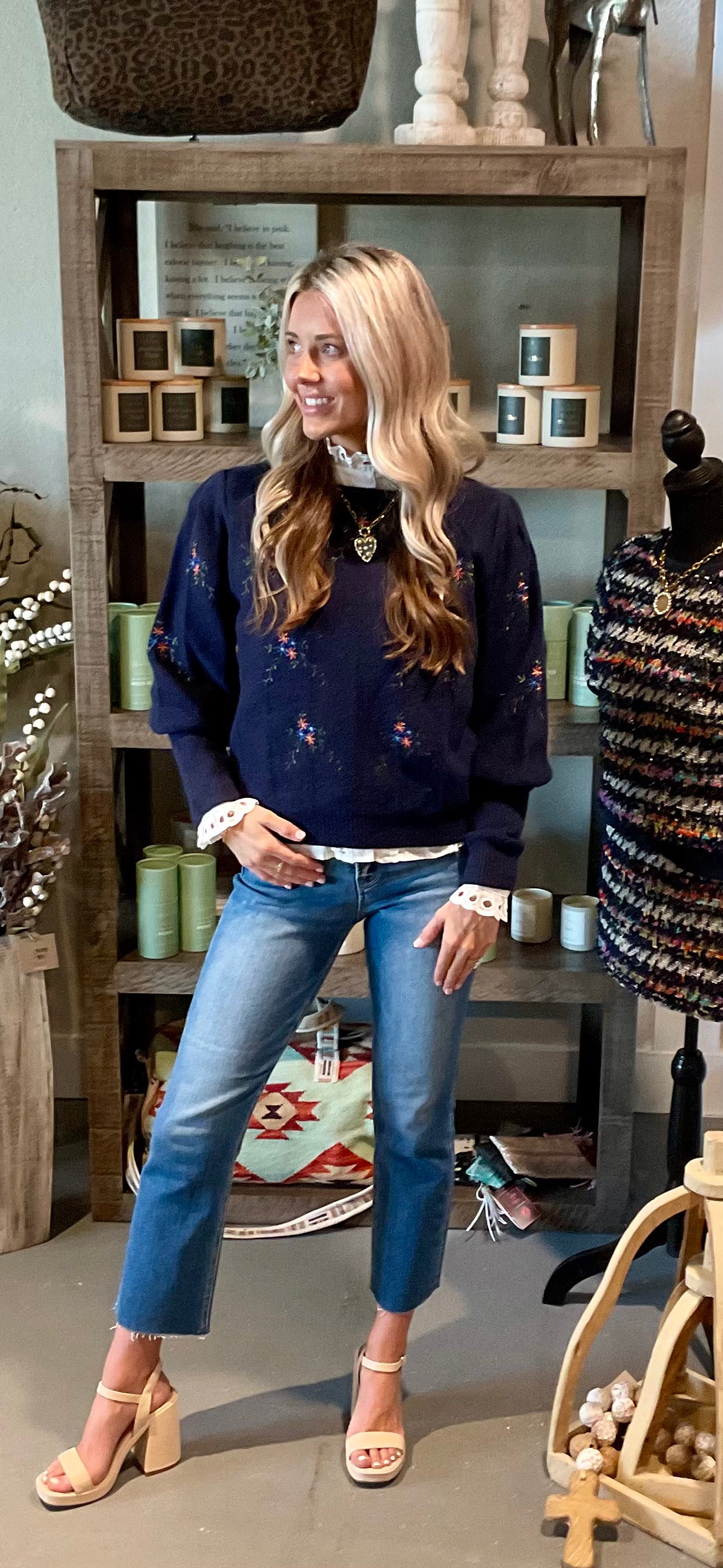 Navy Floral Embroidered Sweater